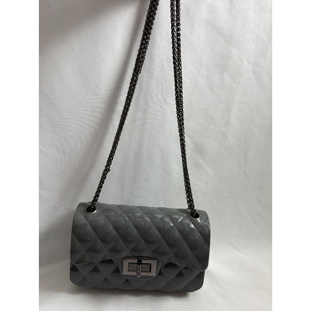 Mini Vinyl Quilted Mini Bag Purse Charcoal Grey Chain Classy Formal Evening Bag